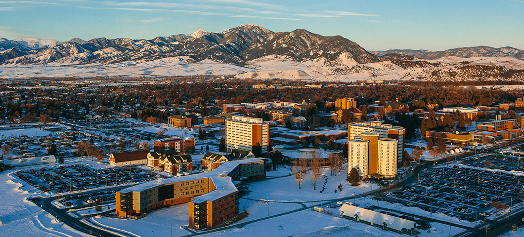 Aerial view of the MSU campus in winter.