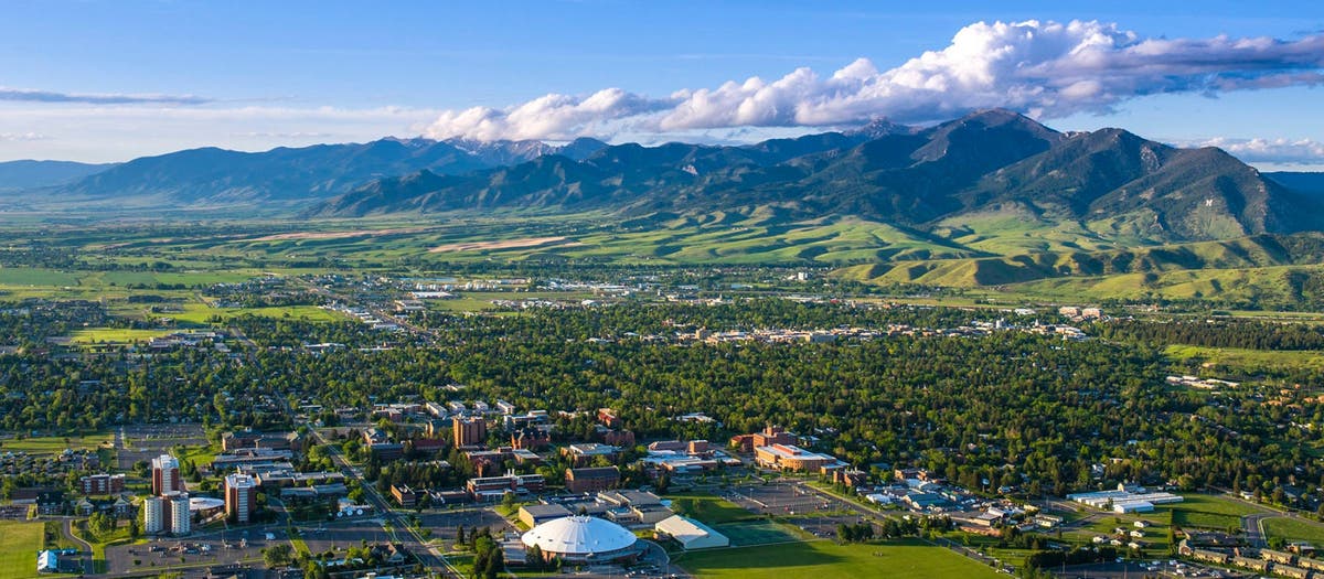 Aerial photo of MSU campus and Bridger montain range