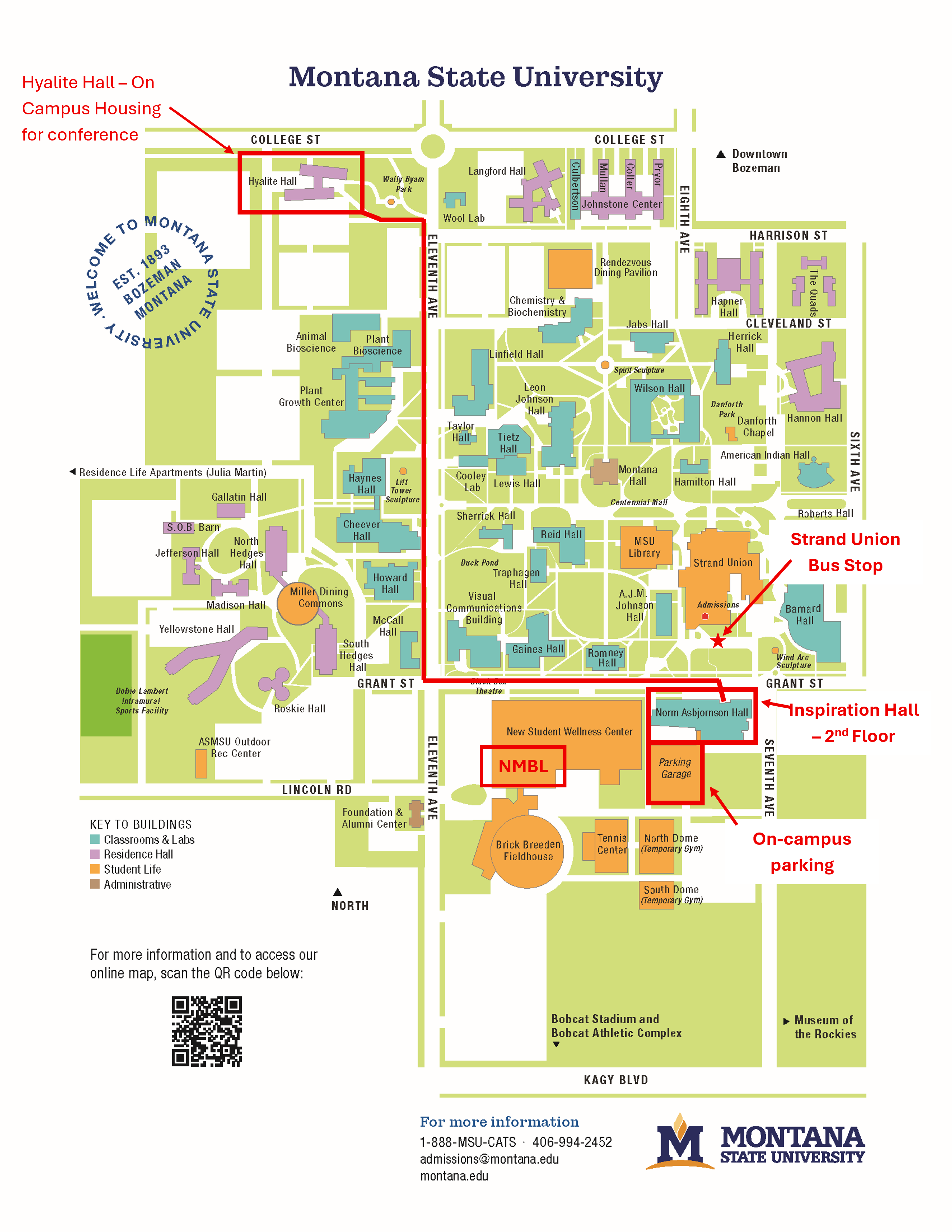 NWBS 2026 Event Map, including the location of Hyalite off College St, Norm Asbjornson Hall off Grant St, Bus Stop at the Strand Union Building, and Neuromuscular Biomechanics Lab located in the Student Wellness Center, Suite 218.