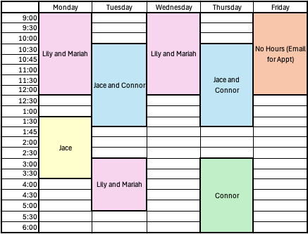 Spring 2025 non-201 GTA schedule