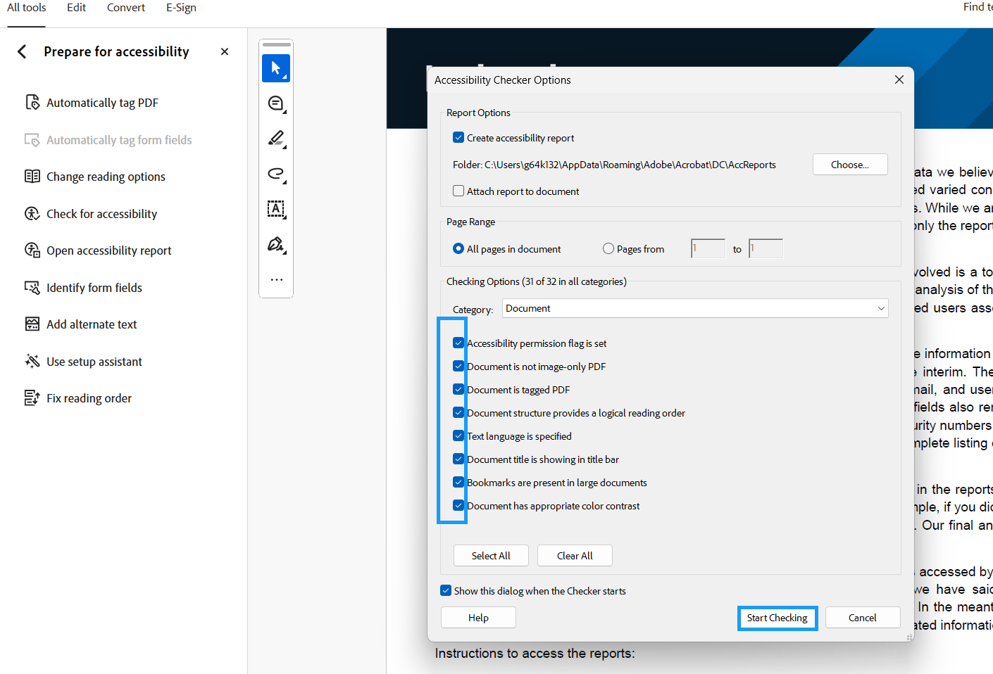 Accessibility checking options in Adobe Acrobat with the Start Checking button highlighted