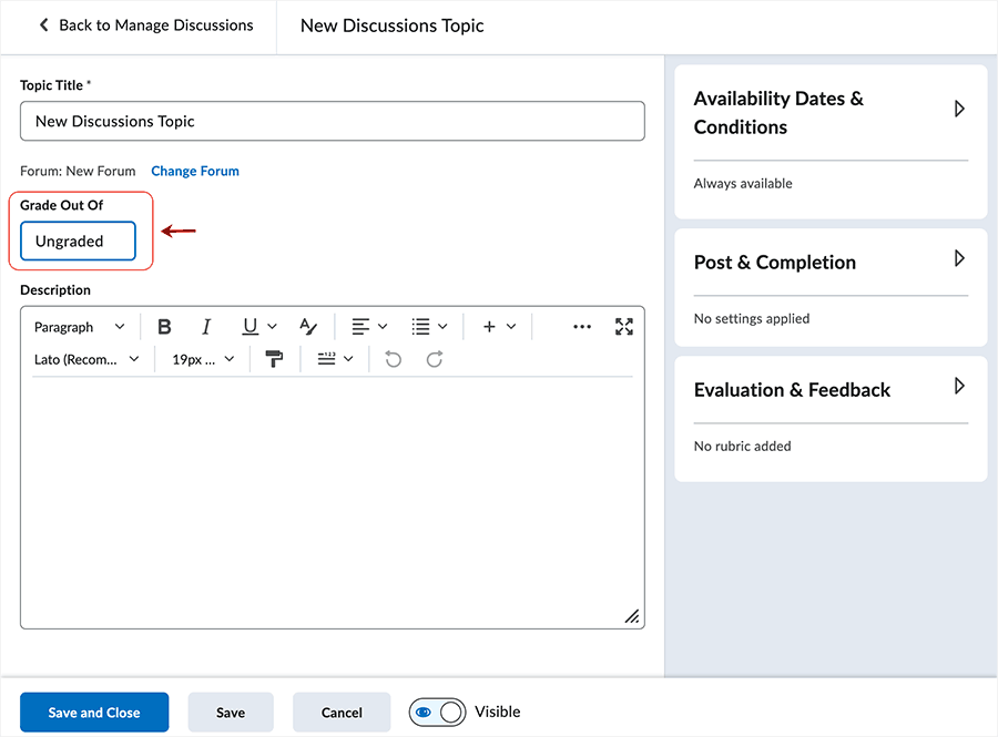 Brightspace screenshot 20.23.04 - "Ungraded" displays in the "Grade Out Of" area