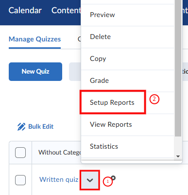 quiz reports page with the option "setup reports" outlined