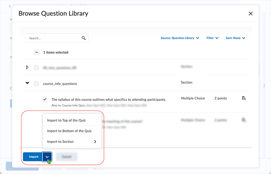 Brightspace screenshot 20.22.12 - question selected - import options