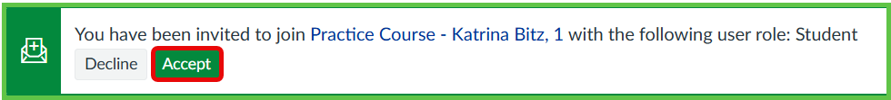 Invitation at the top of the dashboard saying the user has been invited to a course. Would like to accept or decline? The accept button is outlined in red