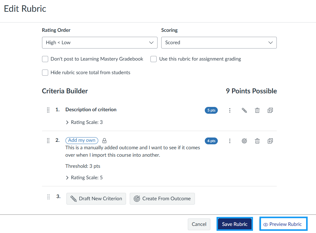 Canvas Edit Rubric page showing rubric criteria, Draft New Criterion and Create From Outcome buttons, and the Save Rubric button highlighted at the bottom of the page
