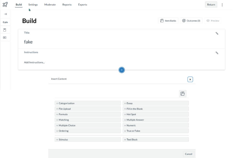 Build area of a Canvas quiz the a blue + sign and a list of various quiz question types