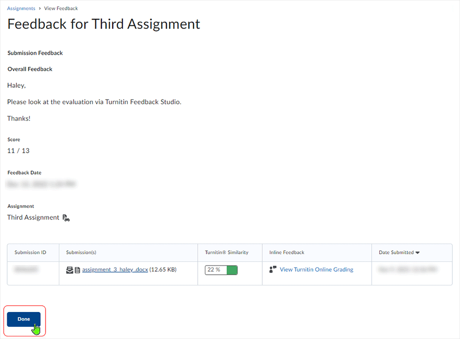 Brightspace screenshot 20.22.11 - selecting the "Done" button after accessing feedback