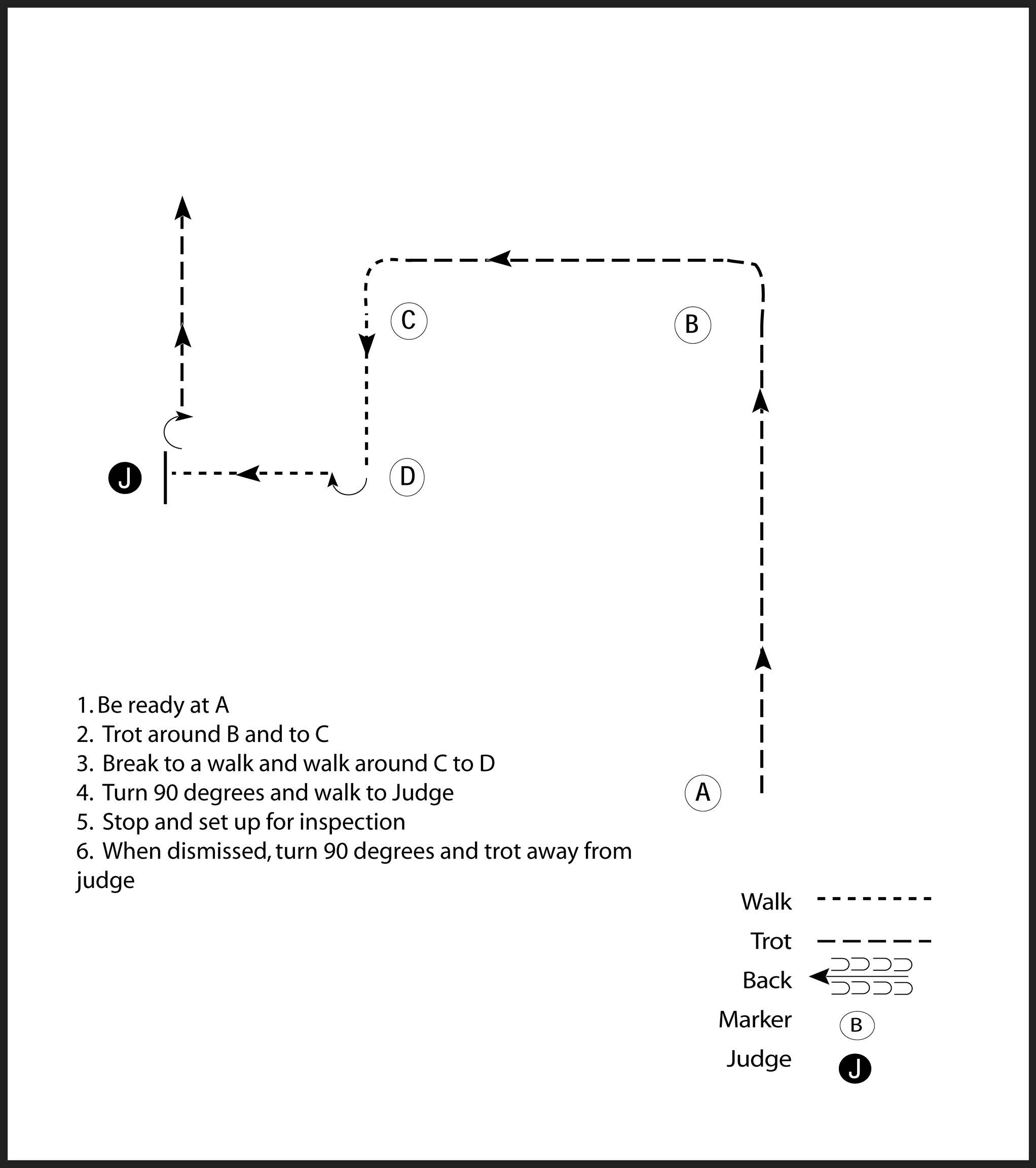 This image is a diagram of a showmanship pattern involving a judge and a participant that is instructed to trot, break to a walk, turn 90 degrees and walk to judge to set up for inspection, and when dismissed, turn 90 degrees and trot away from judge.