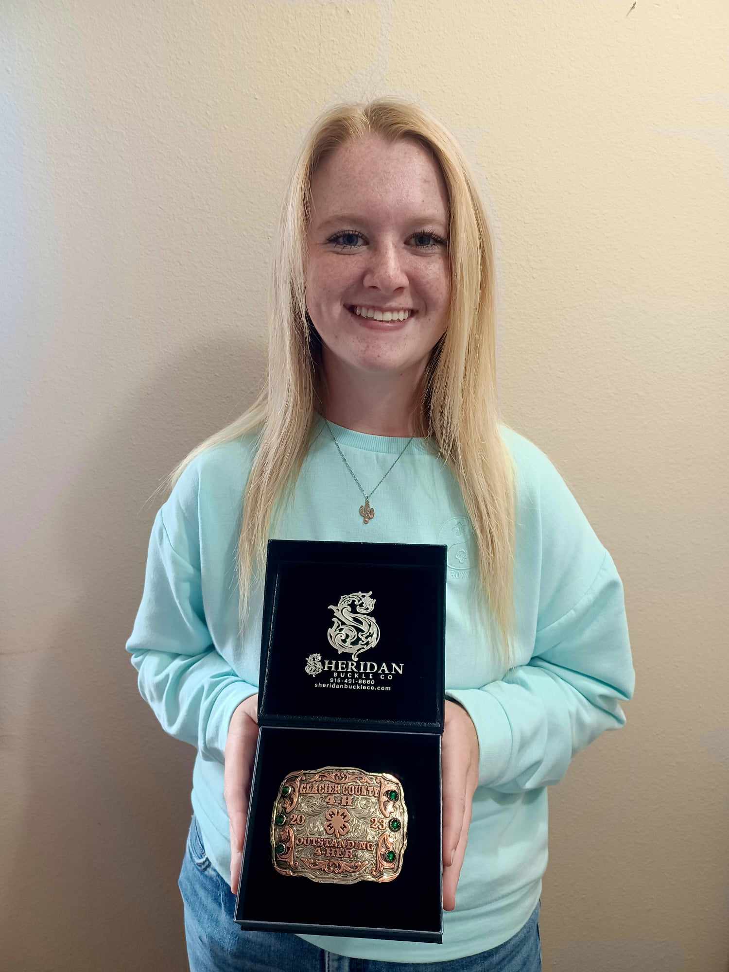 Addisyn Bengtson was named the Glacier County 4-H Outstanding Member for 22 – 23, receiving a custom belt buckle and having her name engraved on a plaque in the Extension Office.&nbsp; 