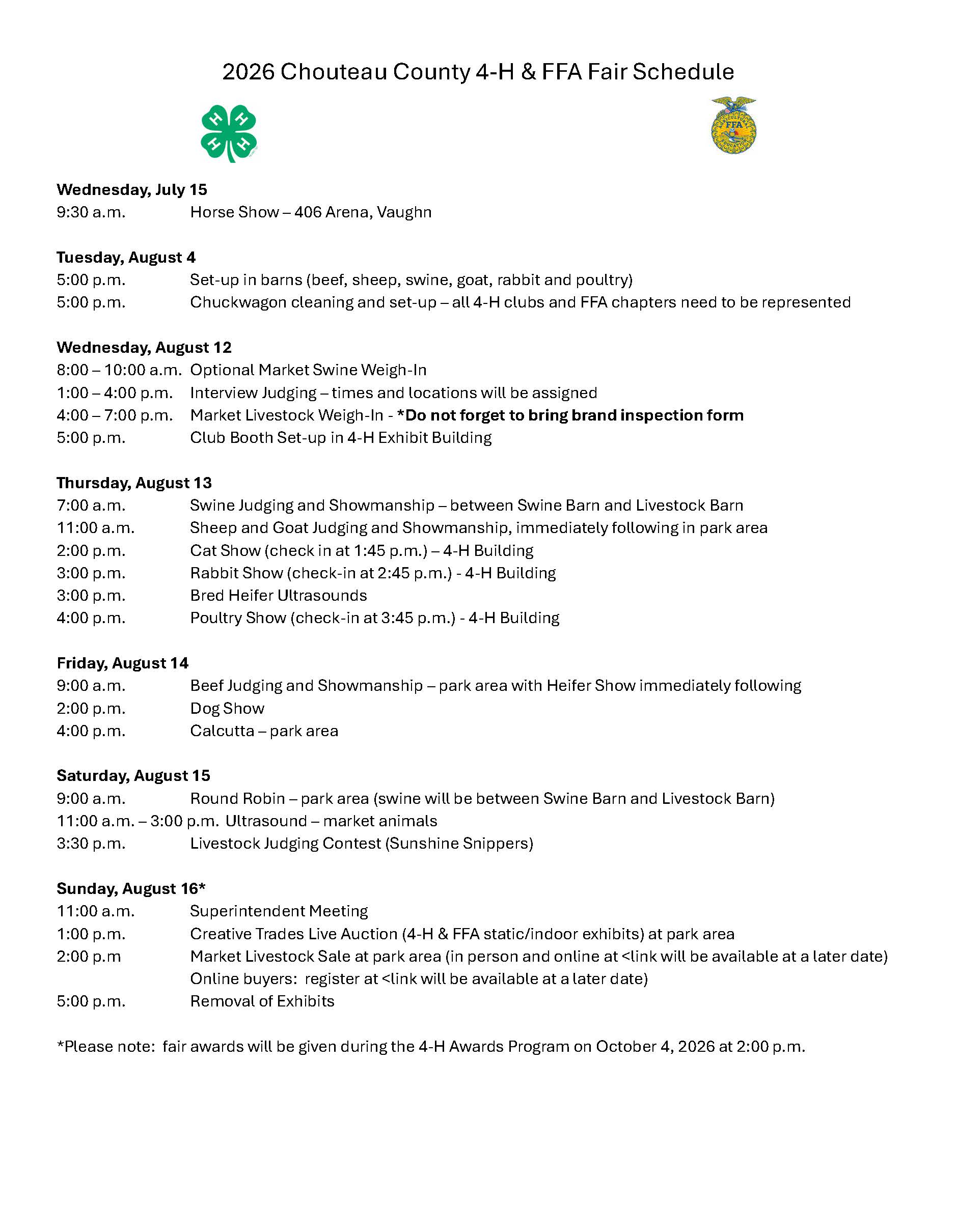 2026 4-H and FFA Fair Events Schedule