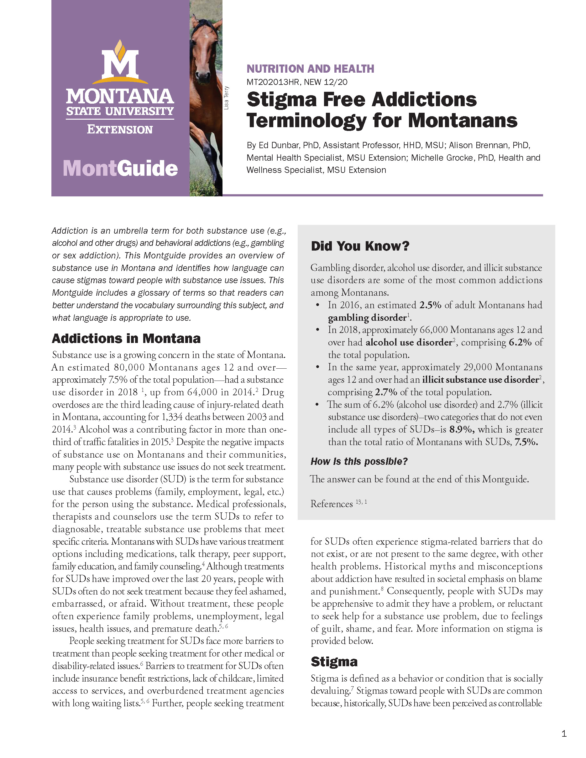 The first page of a PDF. It is completely text, with a title at the top that says "Stigma Free Addictions Terminology for Montanans" Contact Jennifer Munter for accessible options.