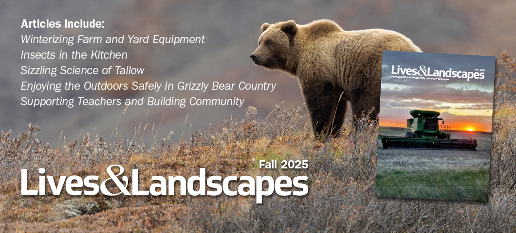 The magazine cover of a combine in a field at sunset overlays an image of a grizzly bear. Text on the images details some of the article titles.