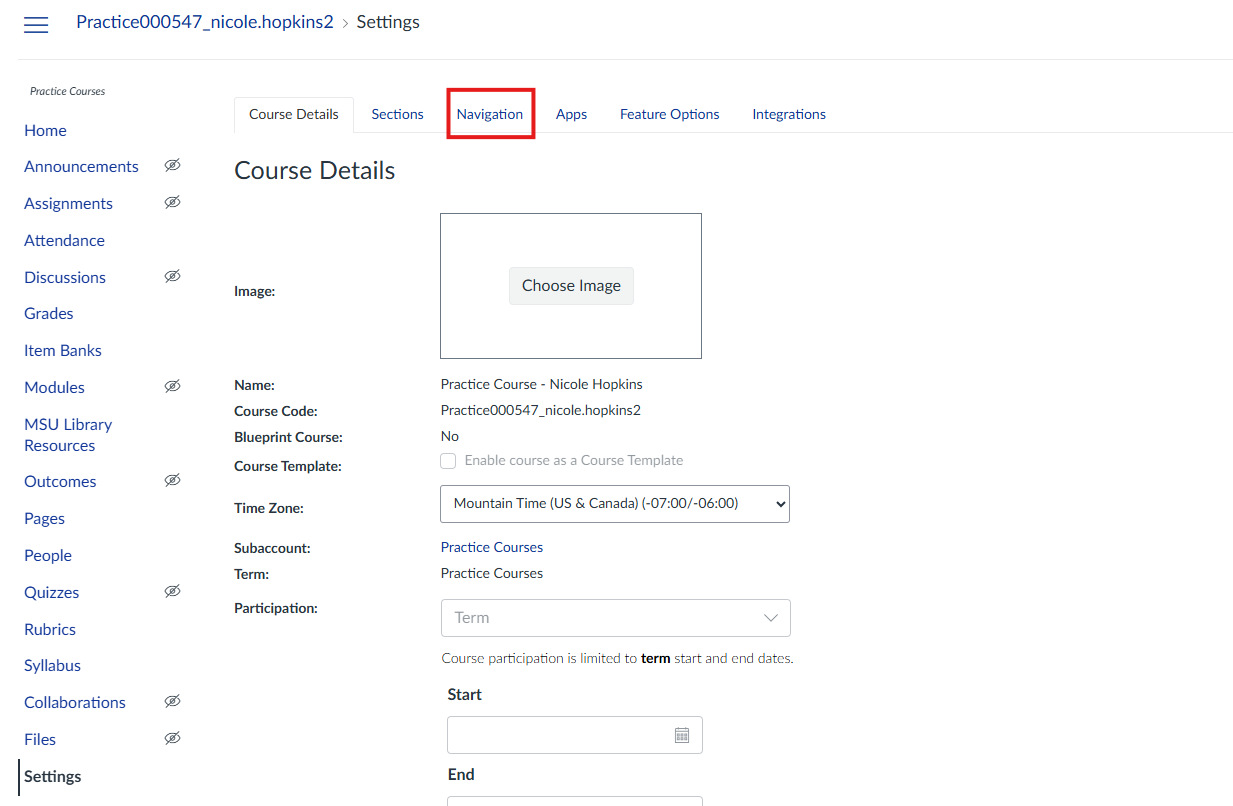 Canvas settings with Navigation highlighted