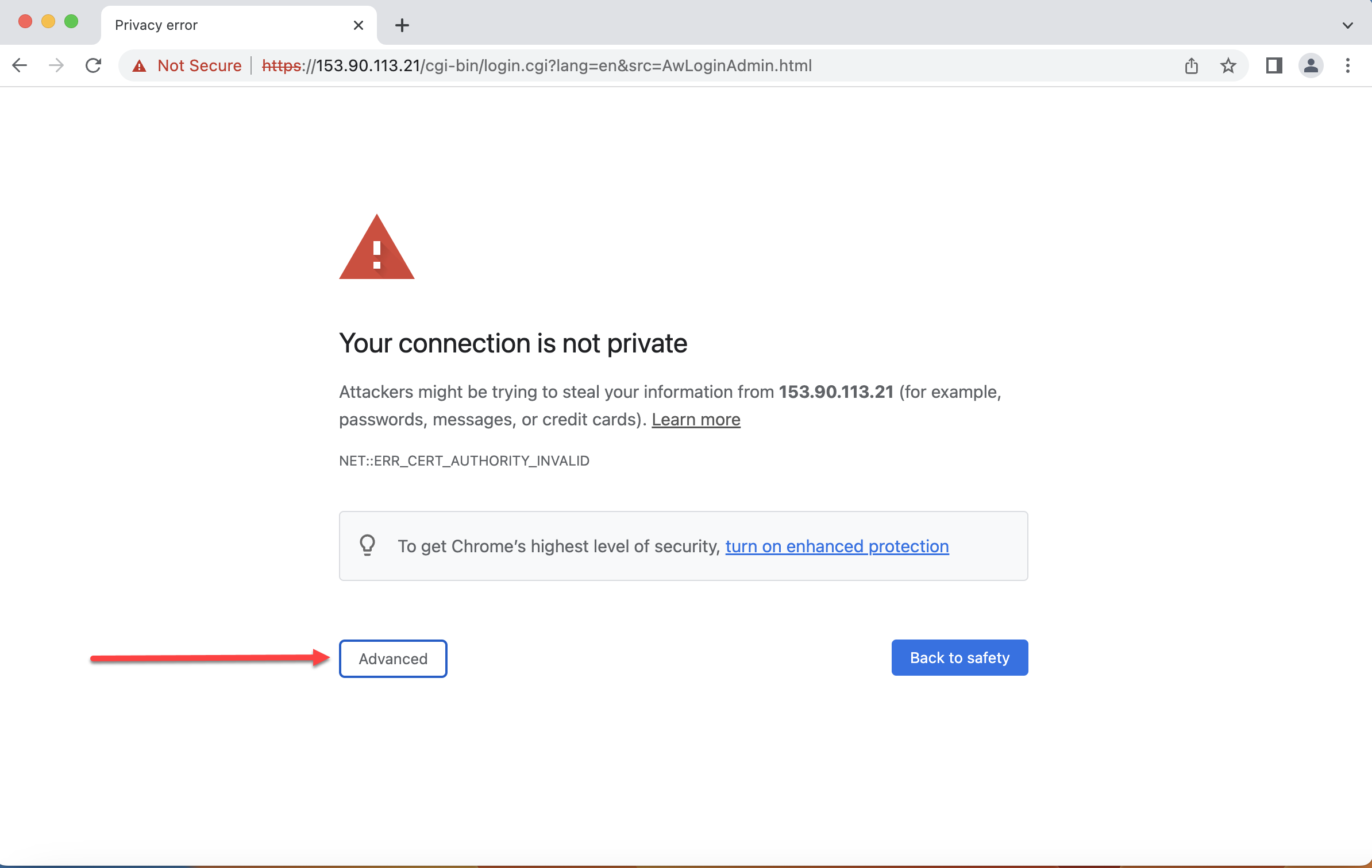 ShareLink Browser 1 Screenshot of the Chrome browser error with the "Advanced" button highlighted