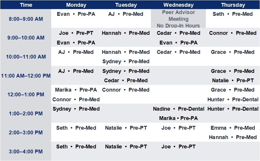 Fall 2026 Peer Advisor Schedule Fall 2026 Peer Advisor Schedule in Table Format