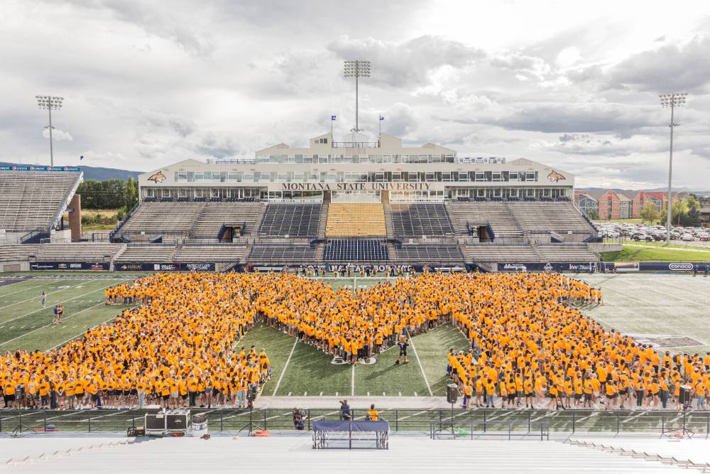 aerial shot of students posing in an M shape