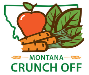 outline of state of montana with vegetables inside and "Montana crunch off" underneath