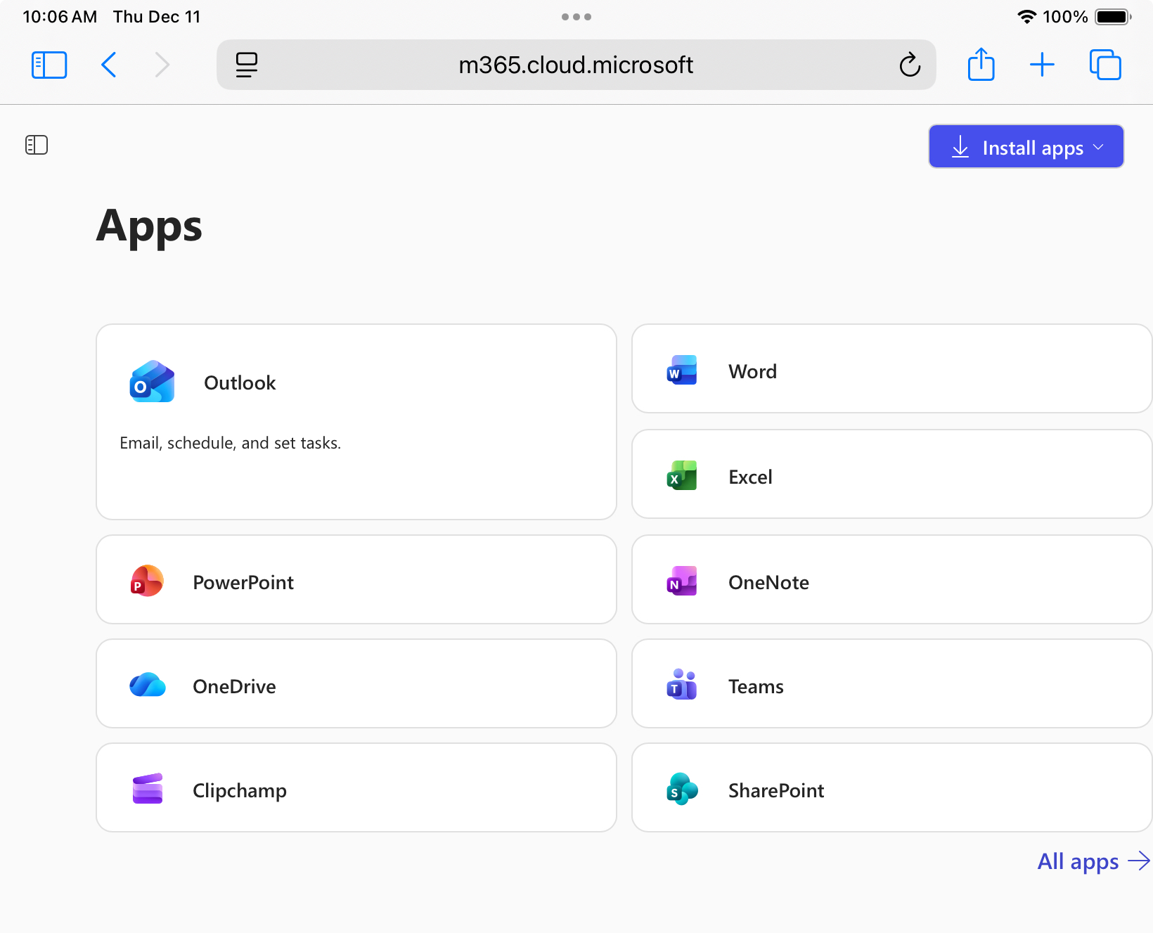 Microsoft 365 apps page