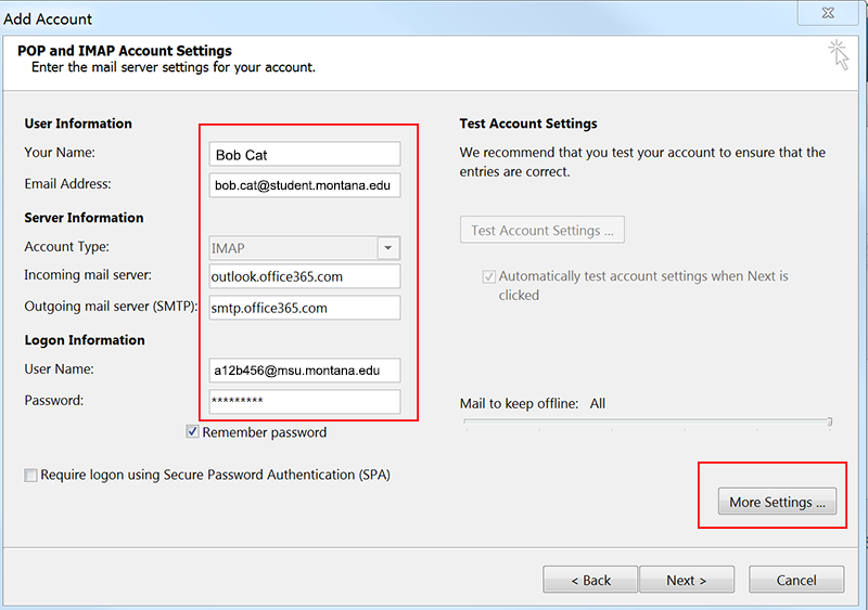 Screenshot of Add Account settings window