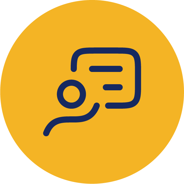 Blue icon of a person pointing at a whiteboard on a yellow circle