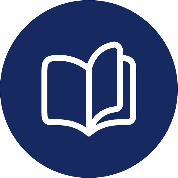 A white icon of an open book on a blue circle