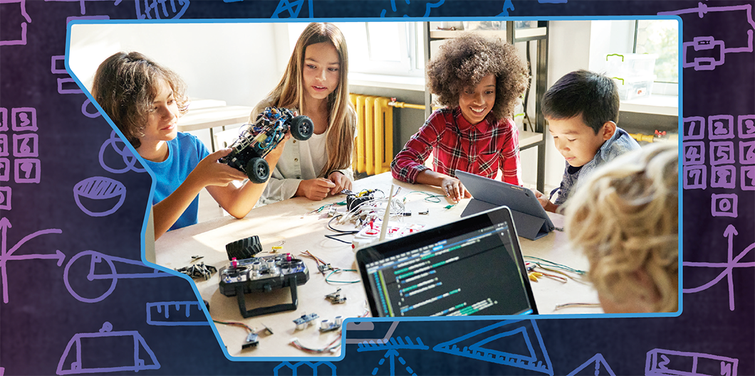 report cover image of state of MT outline featuring a photo of children and a teacher in a STEM classroom