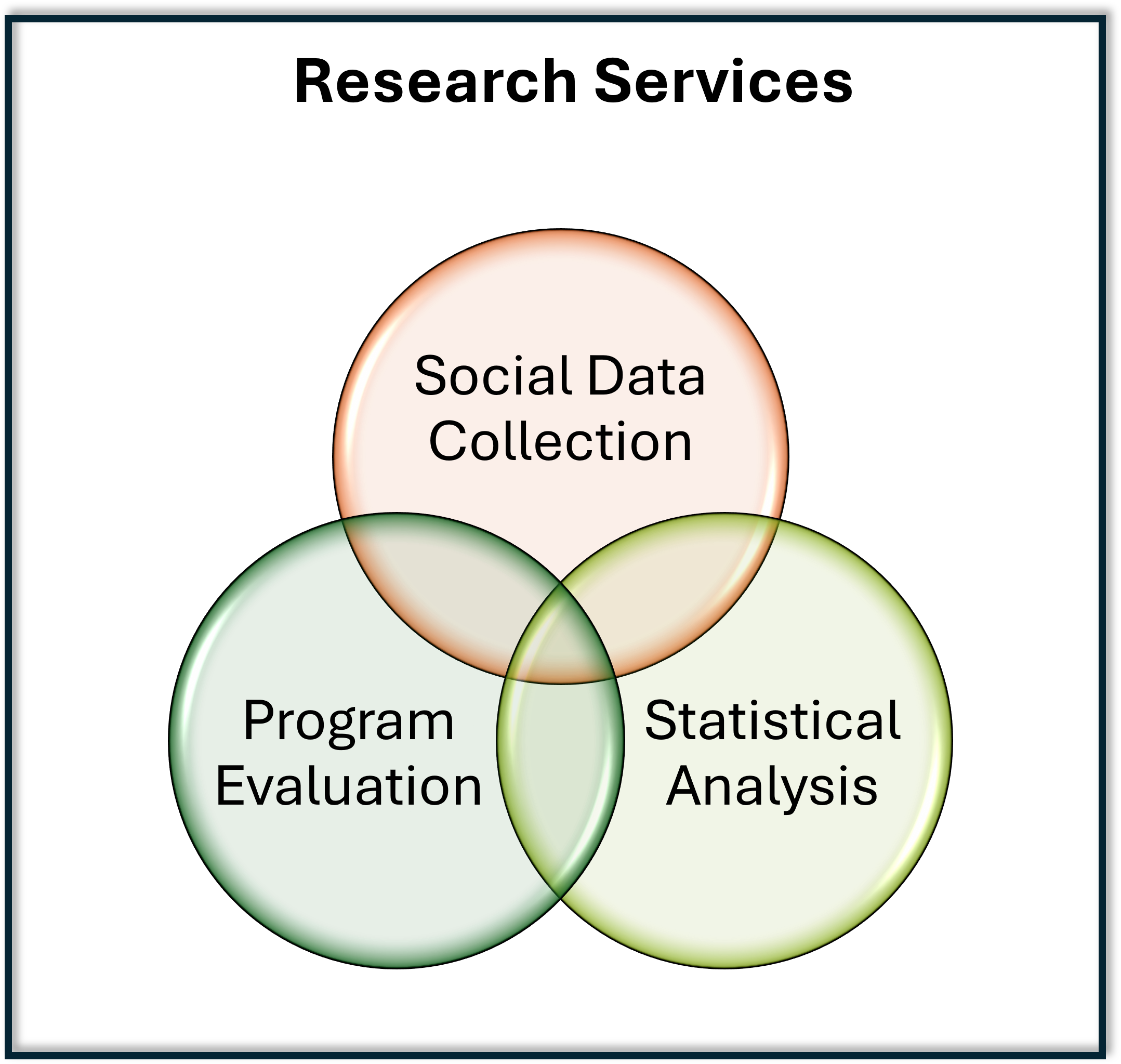 Research services offered by Social Data overlap in a Venn diagram and include Social Data Collection, Statistical Analysis, and Program Evaluation.