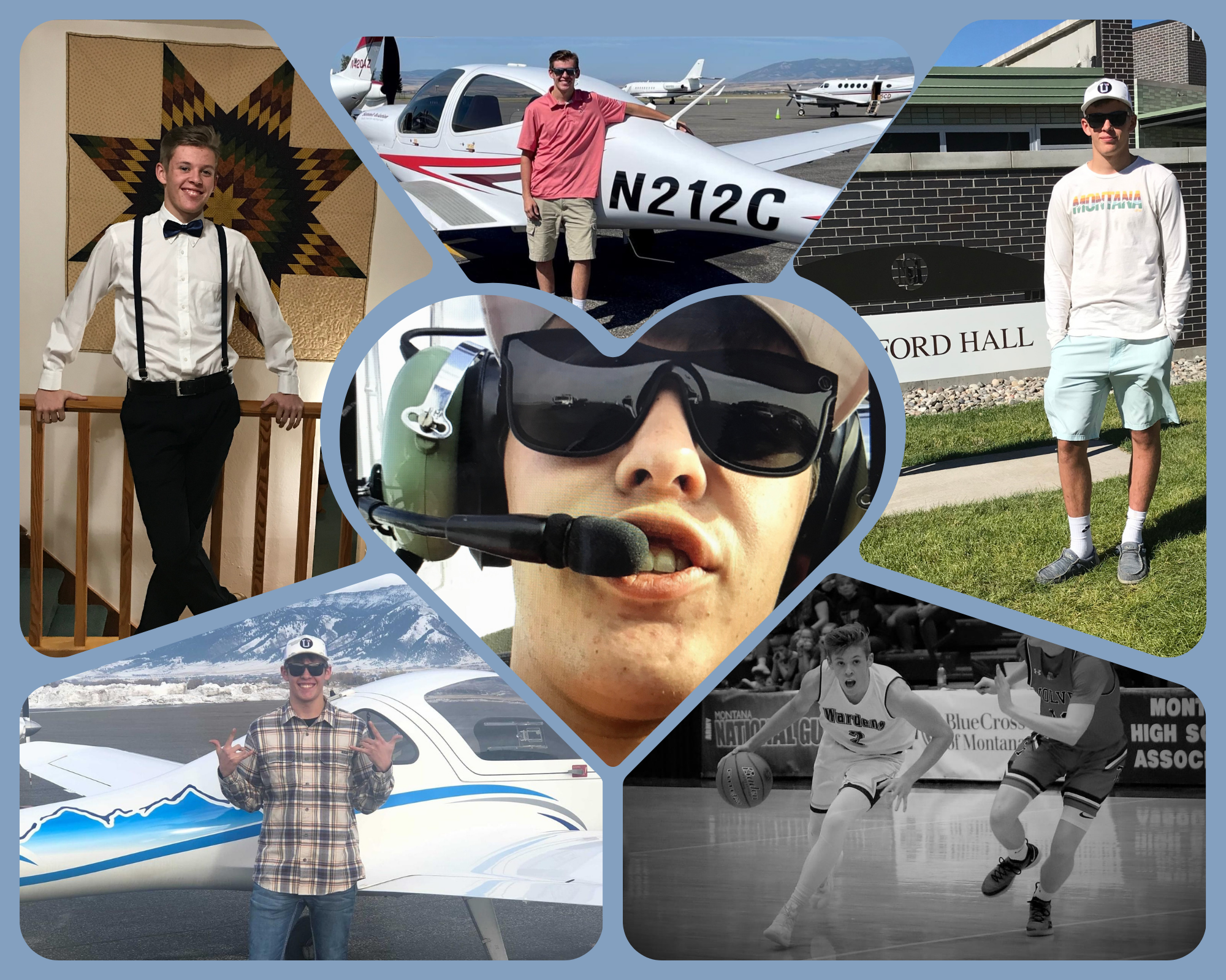 Multiple pictures of male student: playing basketball, flying, dresses up.