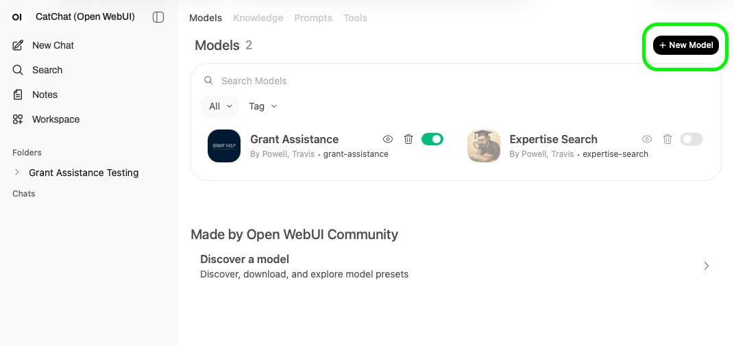 Workspace > Model with Green squircle around '+ New Model'