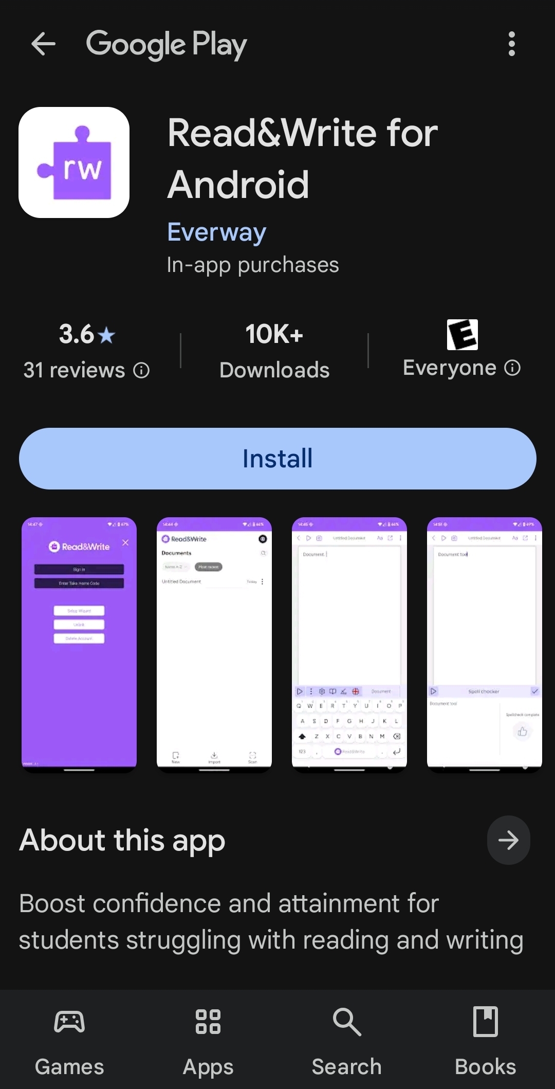 RWG Android app store A screenshot of the Google Play Store page for Read&Write for Android. There is a large blue "Install" button in the middle.