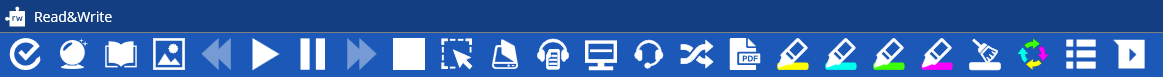 RWG app bar A long blue bar with many options. This is the Read and Write Gold application bar where you can control the app. Each option is indicatied by a different icon.