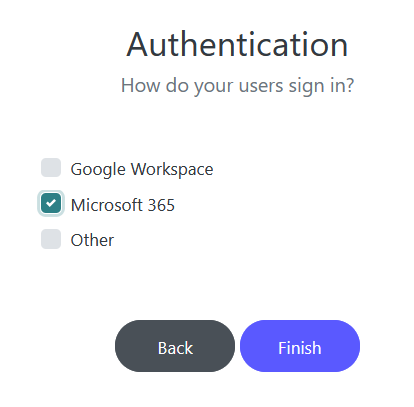 RWG Authentication Method Options A white background with "Authentication" in big black letters at the top. Three check boxes are listed with corresponding options for how you want to sign in to Read and Write Gold: Google Workplace, Microsoft 365, or Other. The Microsoft 365 option has been checked. "Back" and "Finish" buttons are at the bottom.