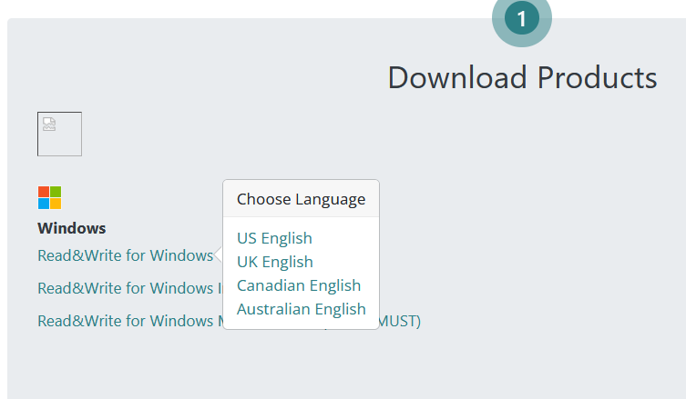 RWG Product and Language Options A grey background with Windows product options, as described in the previous image. The product options are covered by a pop-up asking which language you want to use, including US English, UK English, Canadian English, or Australian English.