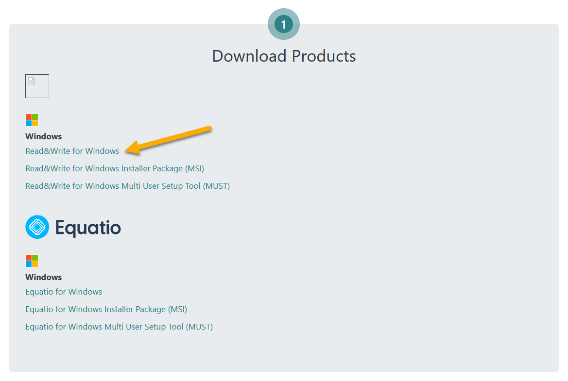RWG Dowload Products options A grey background with Windows product options including only Windows, Windows Installer Package (MSI), or Windows Multi User Setup Tool (MUST). The plain Windows option is being pointed at by a yellow arrow.