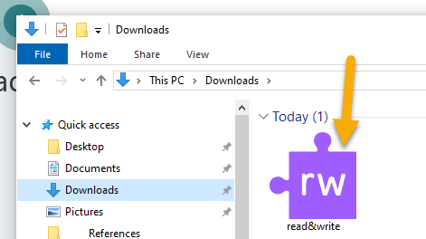 RWG in the downloads A screenshot of the Downloads folder in File Explorer. The purple puzzle piece icon for Read&Write Gold being pointed at by a large yellow arrow.
