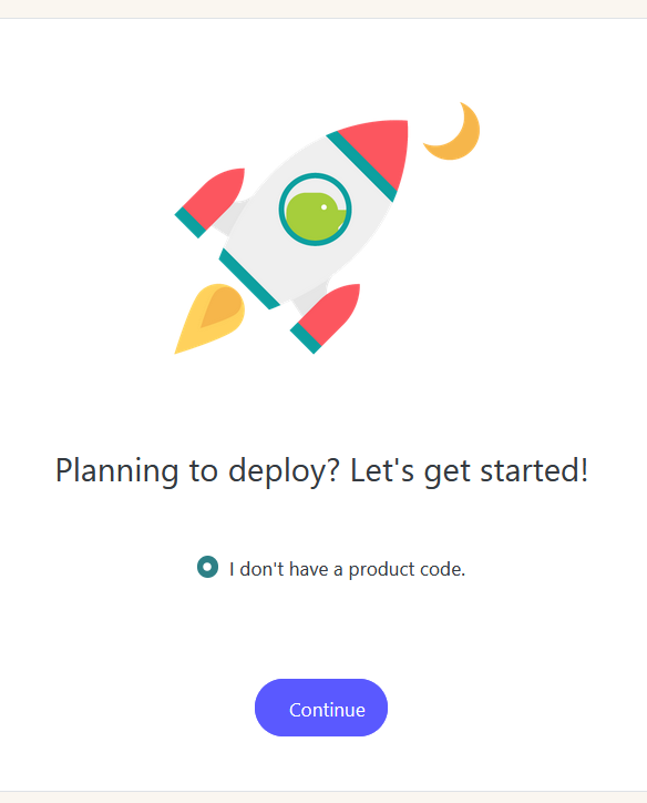 RWG Get Started A white background with a rocket ship graphic. Black text reads "Planning to deploy? Let's get started!". A single checkbox below says "I don't have a product code". Below that is a purple button with white text saying "Confirm".