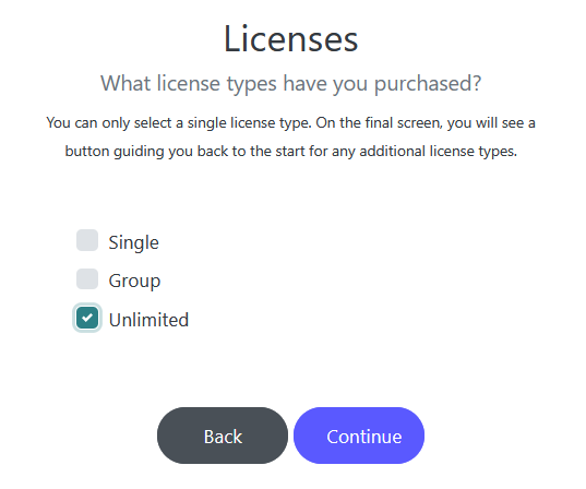 RWG License Types White background with black text saying "Licenses" at the top with a list of license choices available: Single, Group, or Unlimeted. The Unlimited box is checked. There are buttons for Back and Confirm at the bottom.