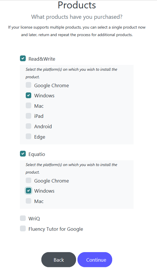 RWG Products Choices A white background with black text asking which product you want to download and what operating system you are using, with check boxes next to each. There is a black button below with white text saying "Back" and a purple button with white text saying "Confirm".