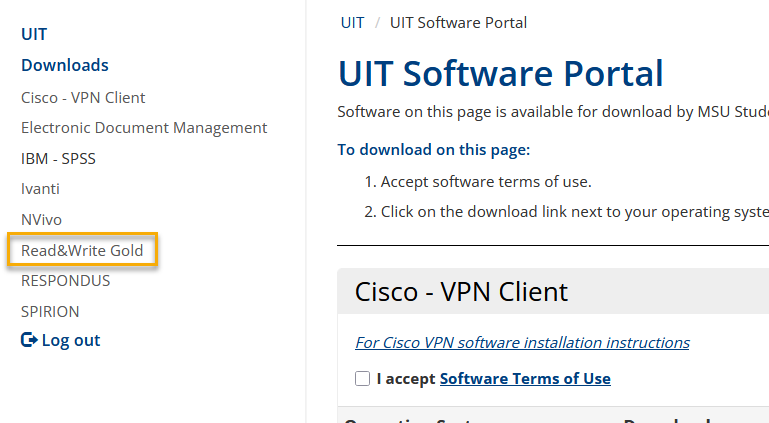Screenshot of the IT software download portal side panel, which lists the software available for download. Read&Write Gold is highlighted by a yellow box.