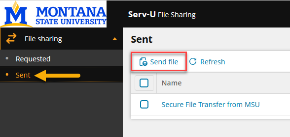 Screenshot of the upper left corner of the secure file transfer portal. Under the MSU logo, there are two tab options, "Request" and "Secure"; a yellow arrow is pointing at the "Send" choice. To the right of this, a red square highlights the choice for "Send File", which has a small icon next to it of a piece of paper.