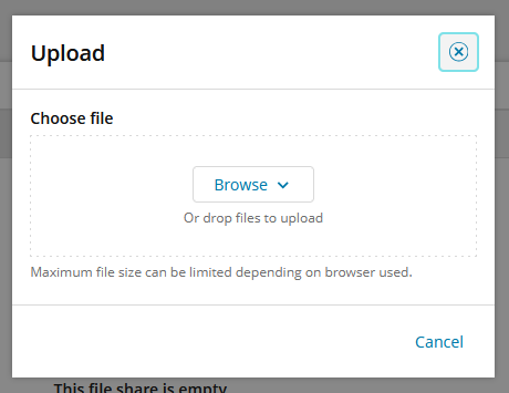 Screenshot of a small pop-up window with the title of Upload. Text at the top left instructs to "Choose file". In the center of the window, there is a button labled "Browse" with a downward carrot symbol. Under this is text reading "Or drop files to upload". Below this is more text reading "Maximum file size can be limited depending on browser used." At the bottom right corner is a "cancel" button.