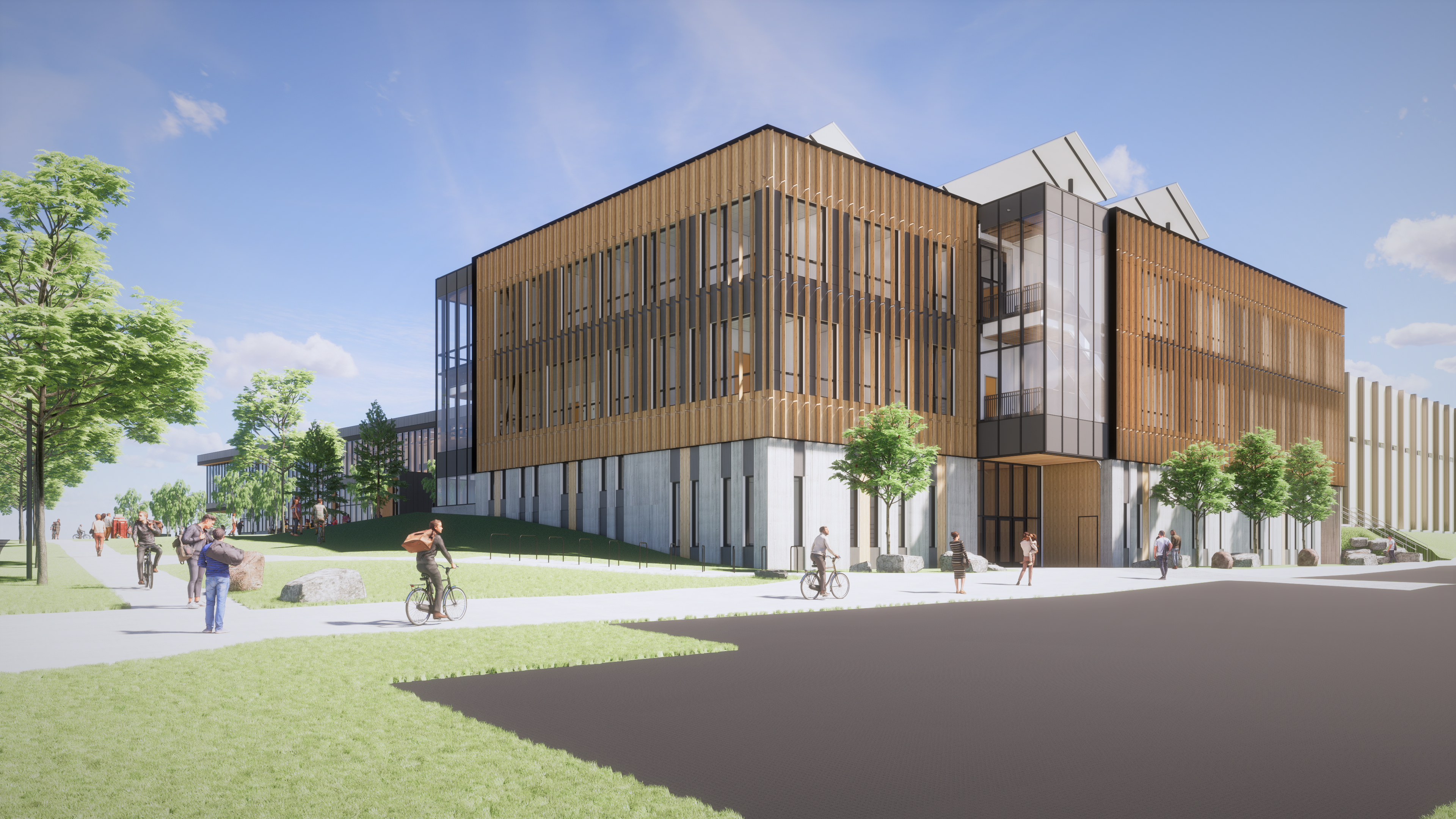 Street view of new Student Wellness Center, with solar panels