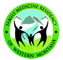 A logo with blue and grey mountains and three stylized people holding hands encircled by a green border that reads Family Medicine Residency of Western Montana.