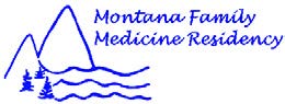 A blue logo with mountains, trees and rivers with the words Montana Family Medicine Residency