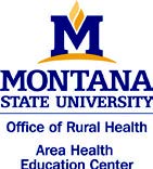 A blue and gold logo with a large M hovering over the words Montana State University Office of Rural Health Area Health Education Center.